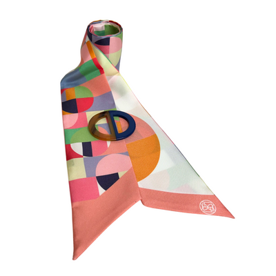 Duo Mini Théta Bandeau Foulard en Soie Printangram et boucle en corne de buffle upcyclée laquée bleue
