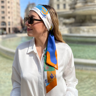Bandeau Foulard en Soie Hommage bleu océan